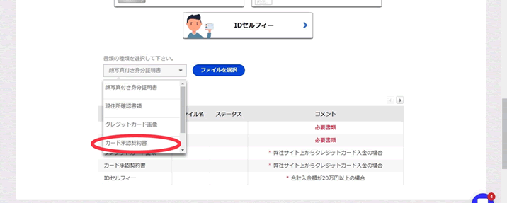 ザオプション　　選択>  

<p>以上でクレジットカード承認契約書の提出が成立し、クレジットカードの利用ができるようになります。</p>

<h4><span id=